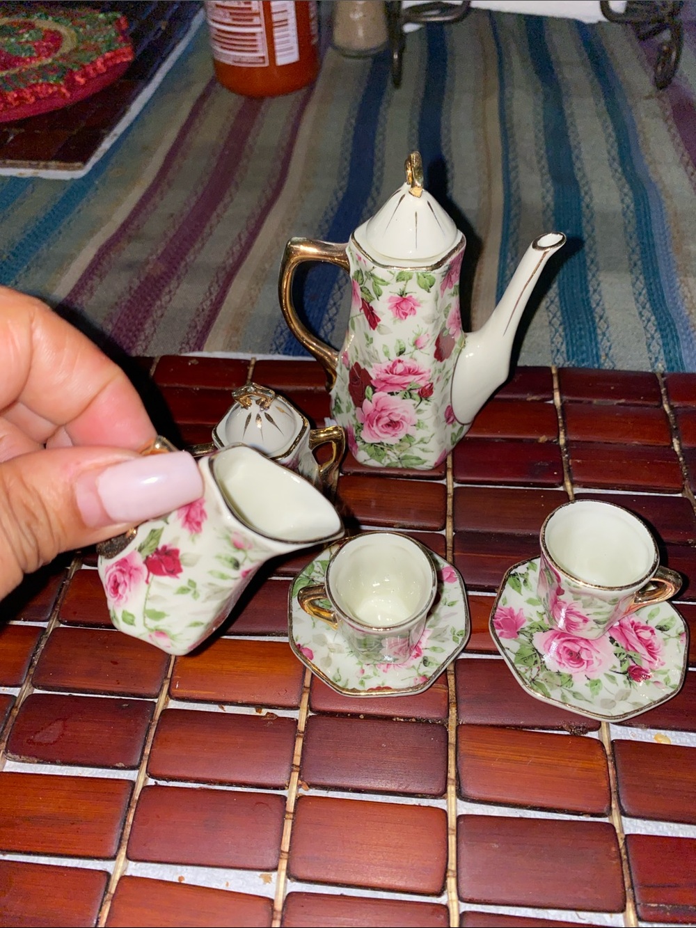 Floral Porcelain Mini Tea Set in Pink Rose with Gold Trim - Picture 6 of 8